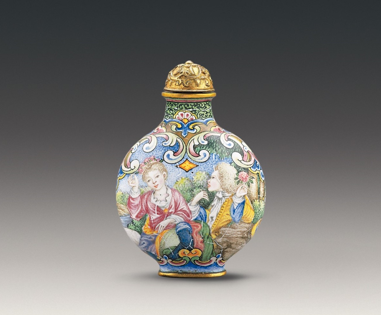 Copper snuff bottle with western figures design in painted enamels