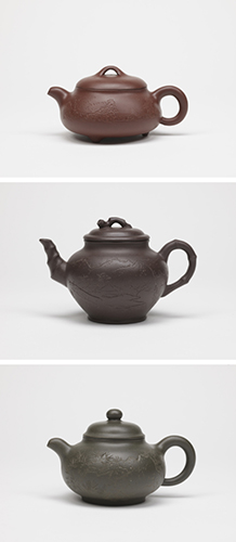 Bamboo shaped purple clay teapot engraved with landscape and poem; Spherical teapot with straw-hat-shaped cover in greenish grey clay engraved with pine by a burbling stream; Conical teapot in red clay engraved with a retreat by the bamboo grove