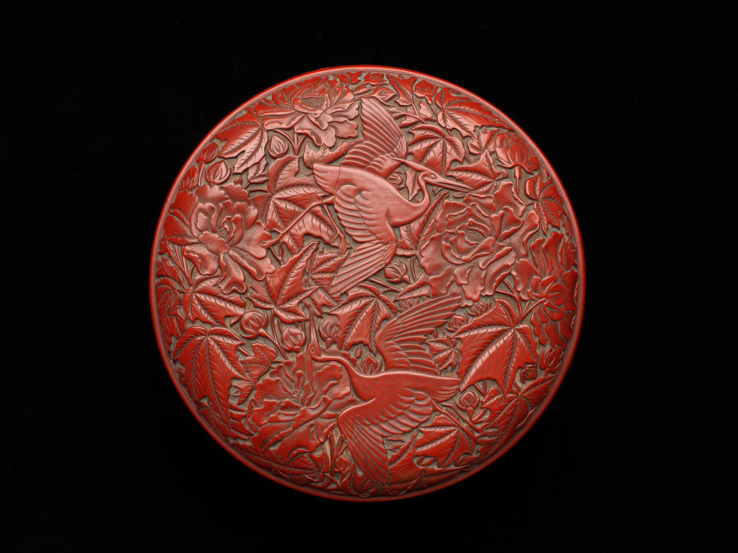剔紅鷺鷥芙蓉紋圓漆蓋盒v「張成造」、「楊記」款