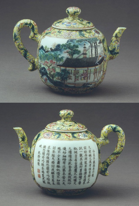 Teapot painted in fencai enamels with a scene in a tea pavilion 