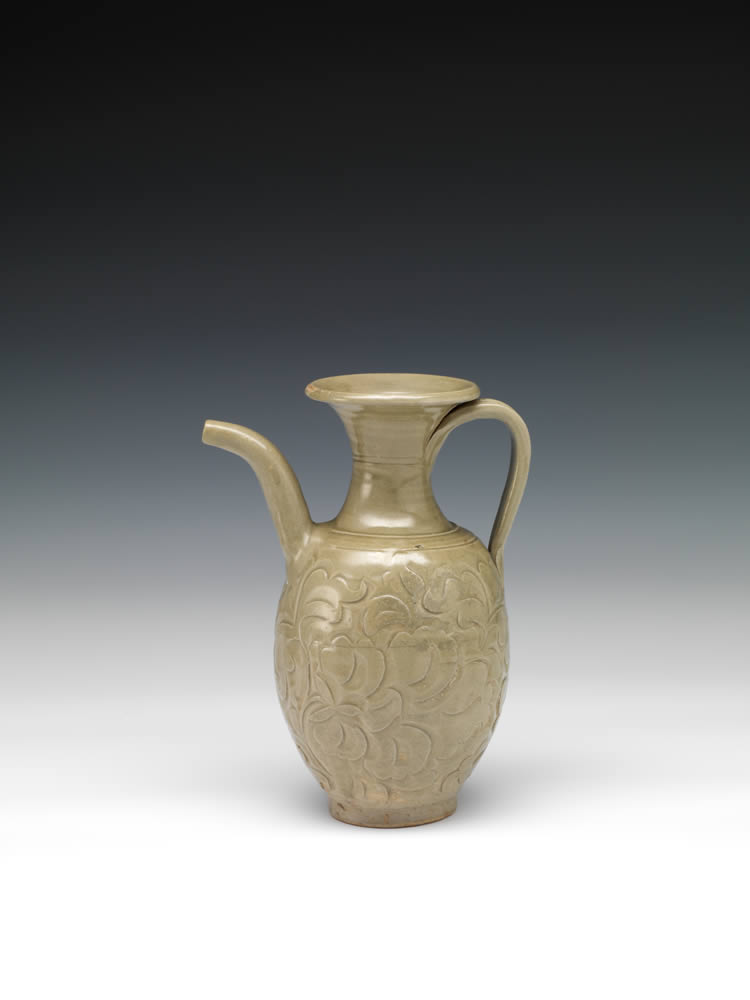 Ewer of oval shape with carved peony sprays design in celadon glaze, Yaozhou ware