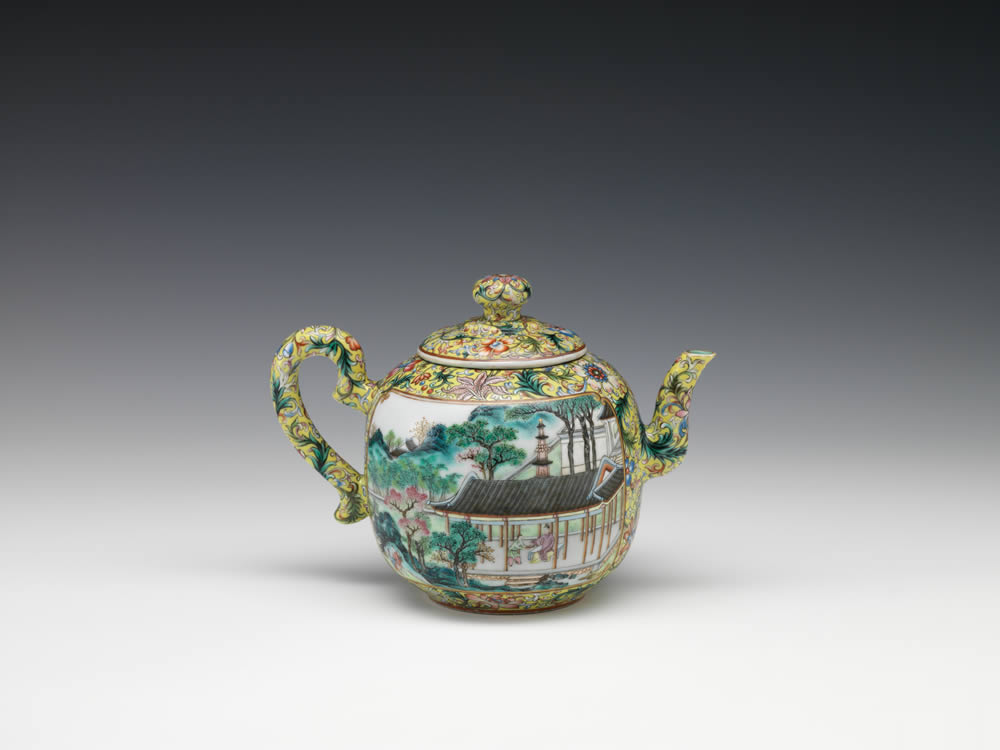 Teapot with tea-serving scene and calligraphy inside reserved panels in fencai enamels on yellow ground