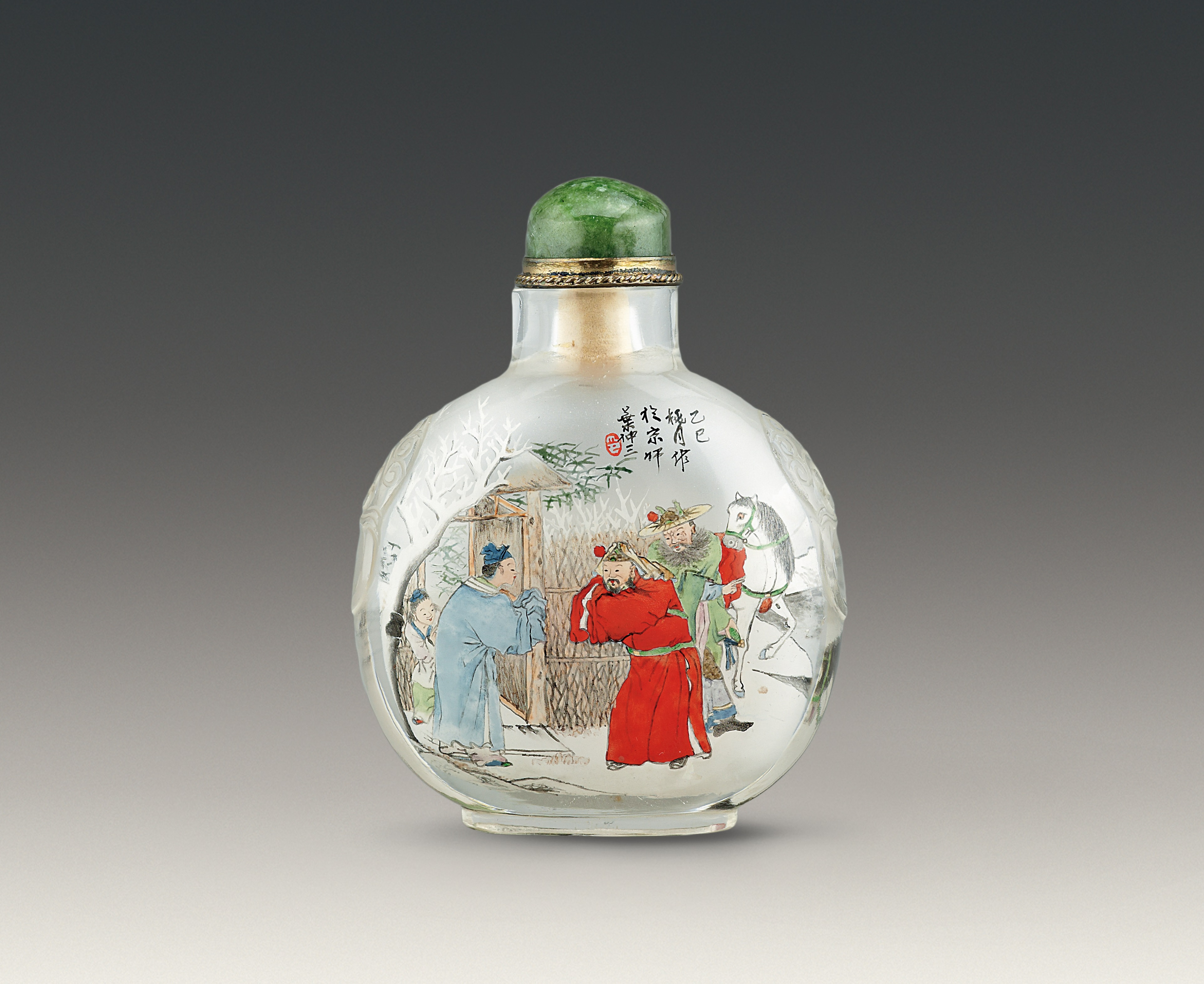 Rock crystal snuff bottle inside-painted with scenes of “Three Visits to the Thatched Cottage” and “Looking for plum blossom in the snow”