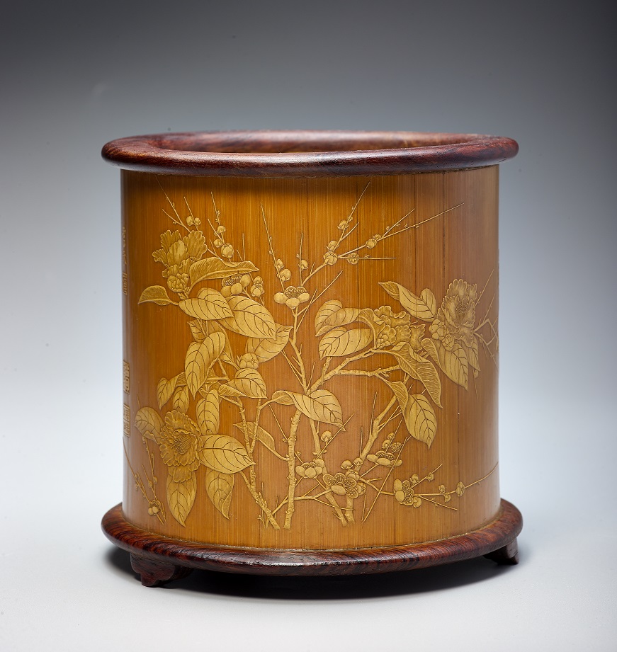 留青宋人《百花圖之梅花山茶》筆筒