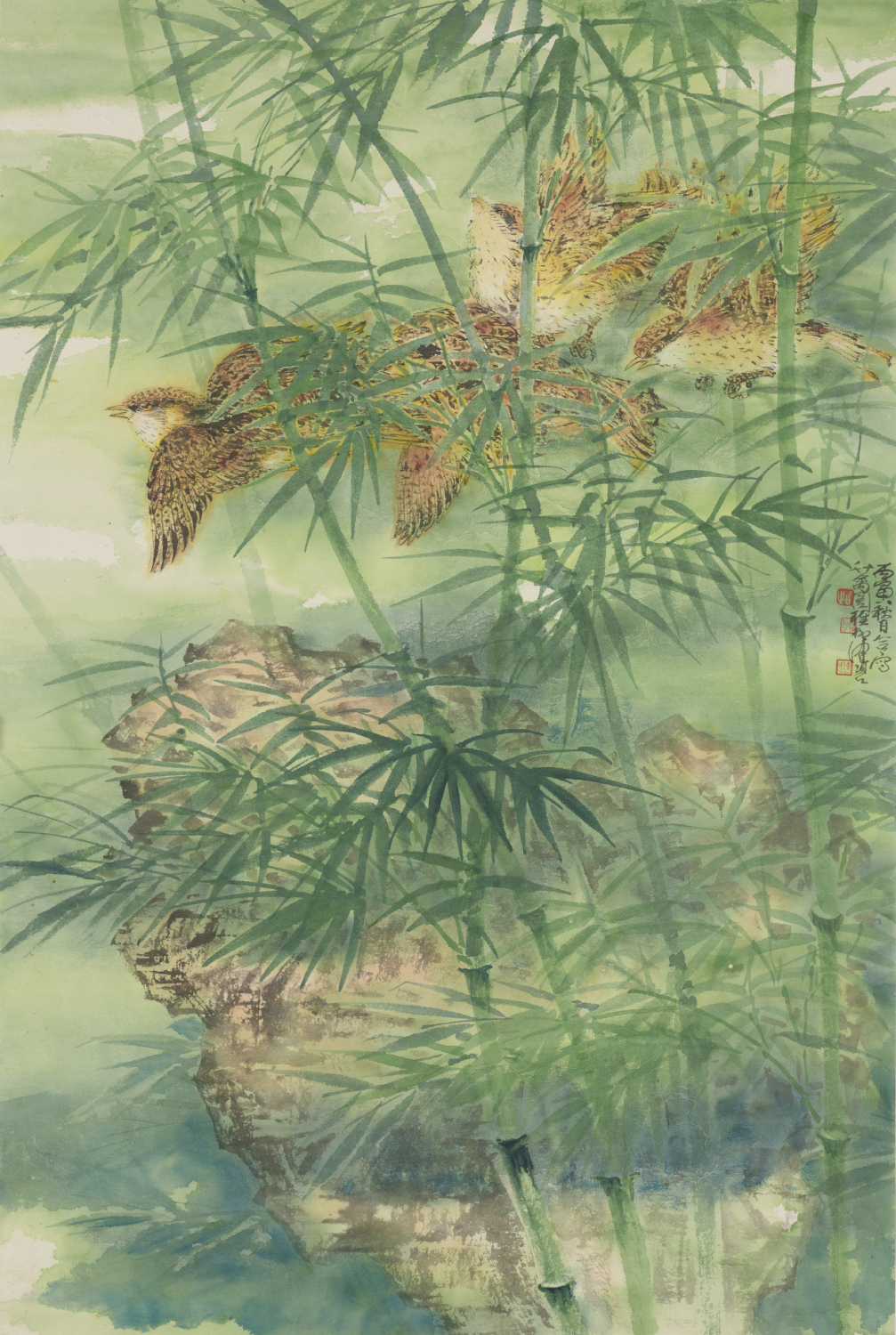 Xie Zhiliu (1910 & 1997) Chen Peiqiu (1923 & 2020) Birds and bamboo