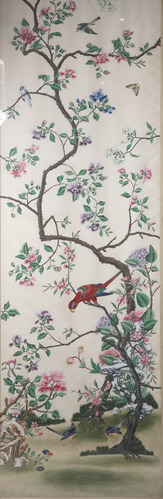 White silk wallpaper with hand-painted flowers and birds