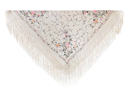 Canton embroidered shawl with flowers and plants on beige silk