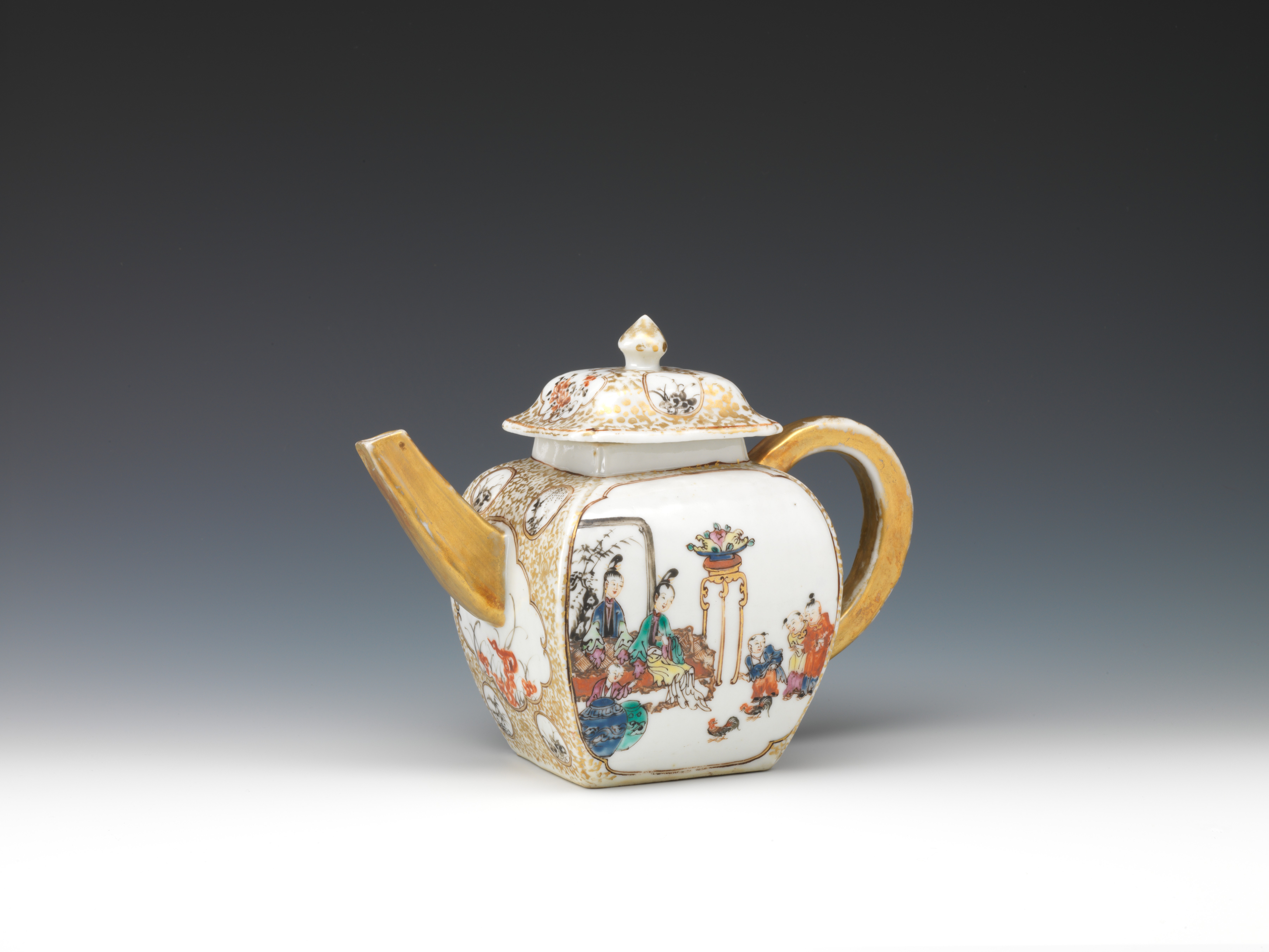 Teapot painted in famille-rose enamels with domestic scenes