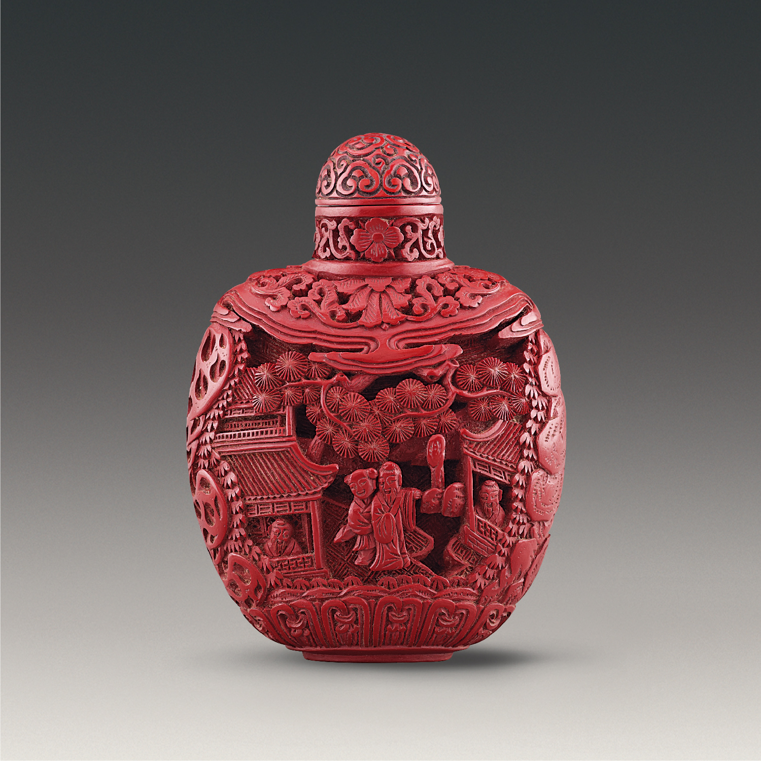 Cinnabar lacquer snuff bottle carved with figures in a pavilion design