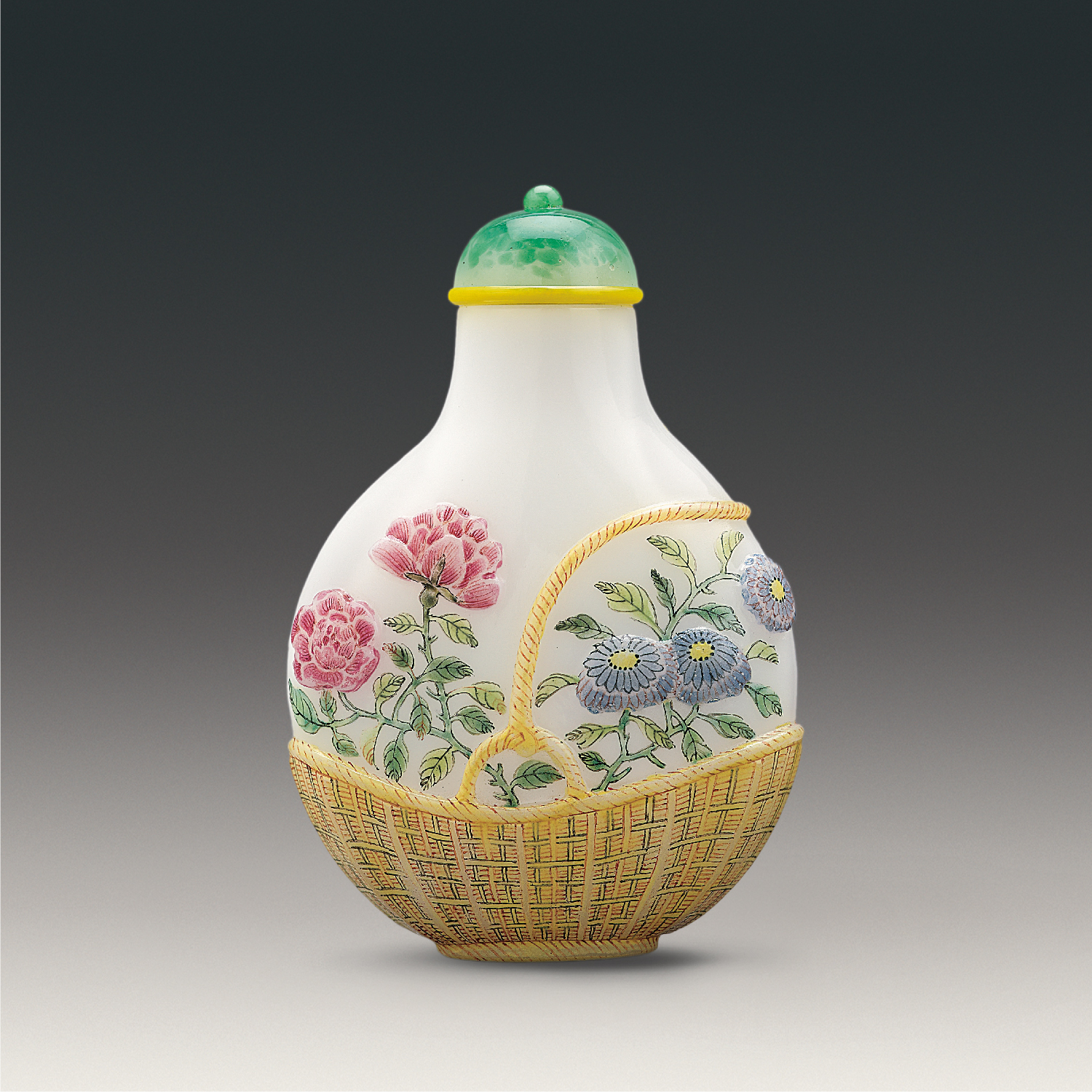 Snuff bottle with flower basket design in painted enamels on white ground in relief