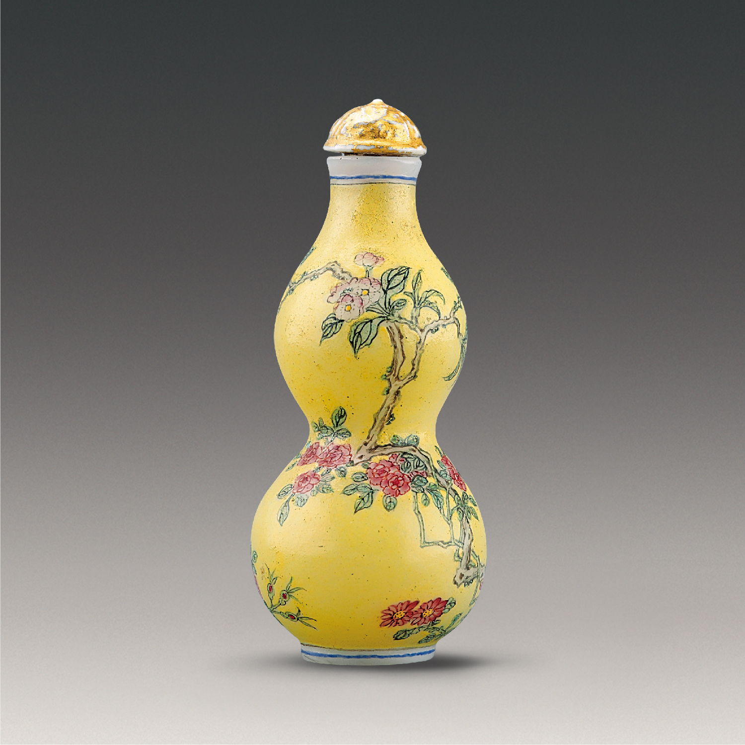 Double-gourd-shaped snuff bottle with floral design in painted enamels on yellow ground
