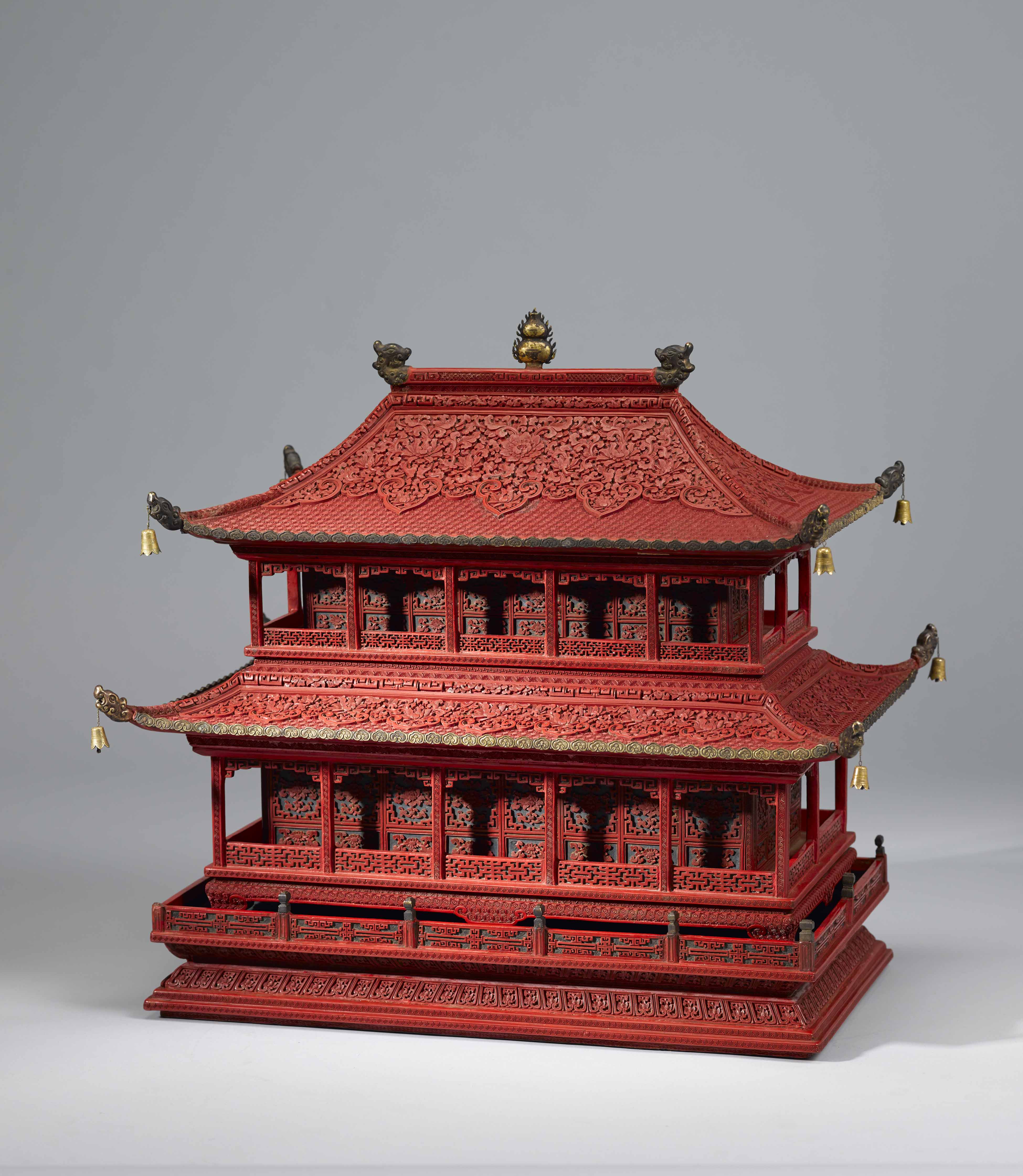 Carved red lacquer incense box in the form of imperial palace
