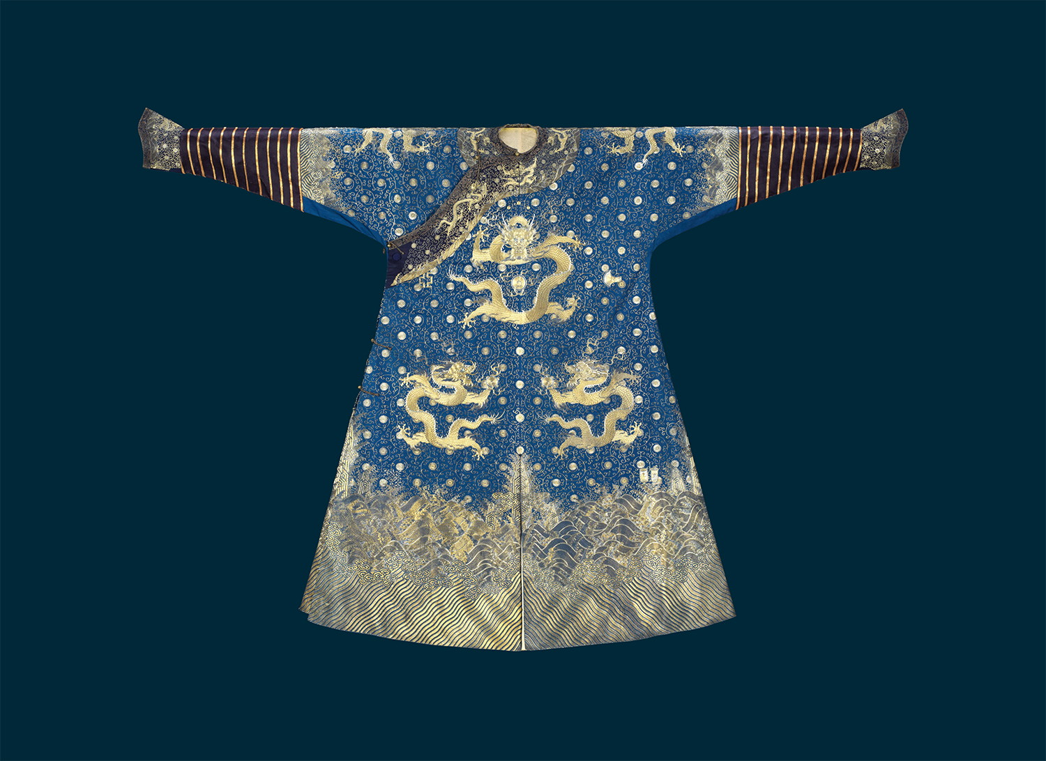 Blue silk semi-formal court robe embroidered with chrysanthemum scrolls, dragons and Twelve Imperial Symbols