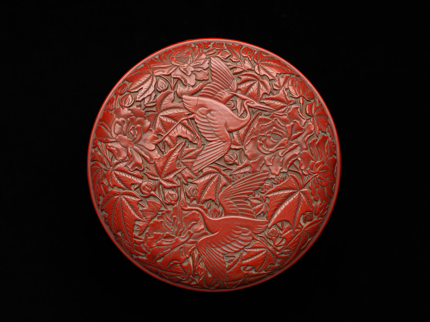 剔紅鷺鷥芙蓉紋圓漆蓋盒<br> 「張成造」、「楊記」款