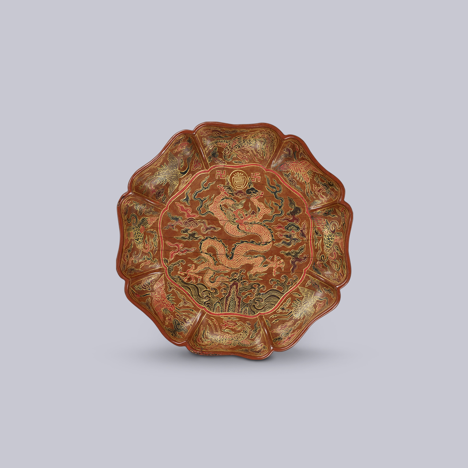 Prunus-shaped dish with dragon and <i>shou</i> character design in <i>qiangjin</i> technique