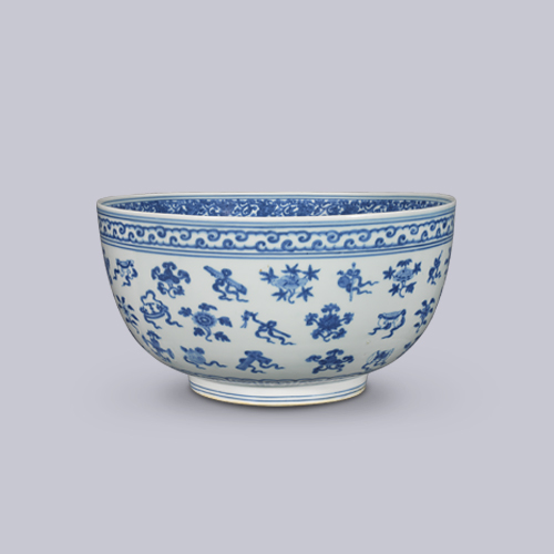 Large bowl with assorted musical instruments design in underglaze blue