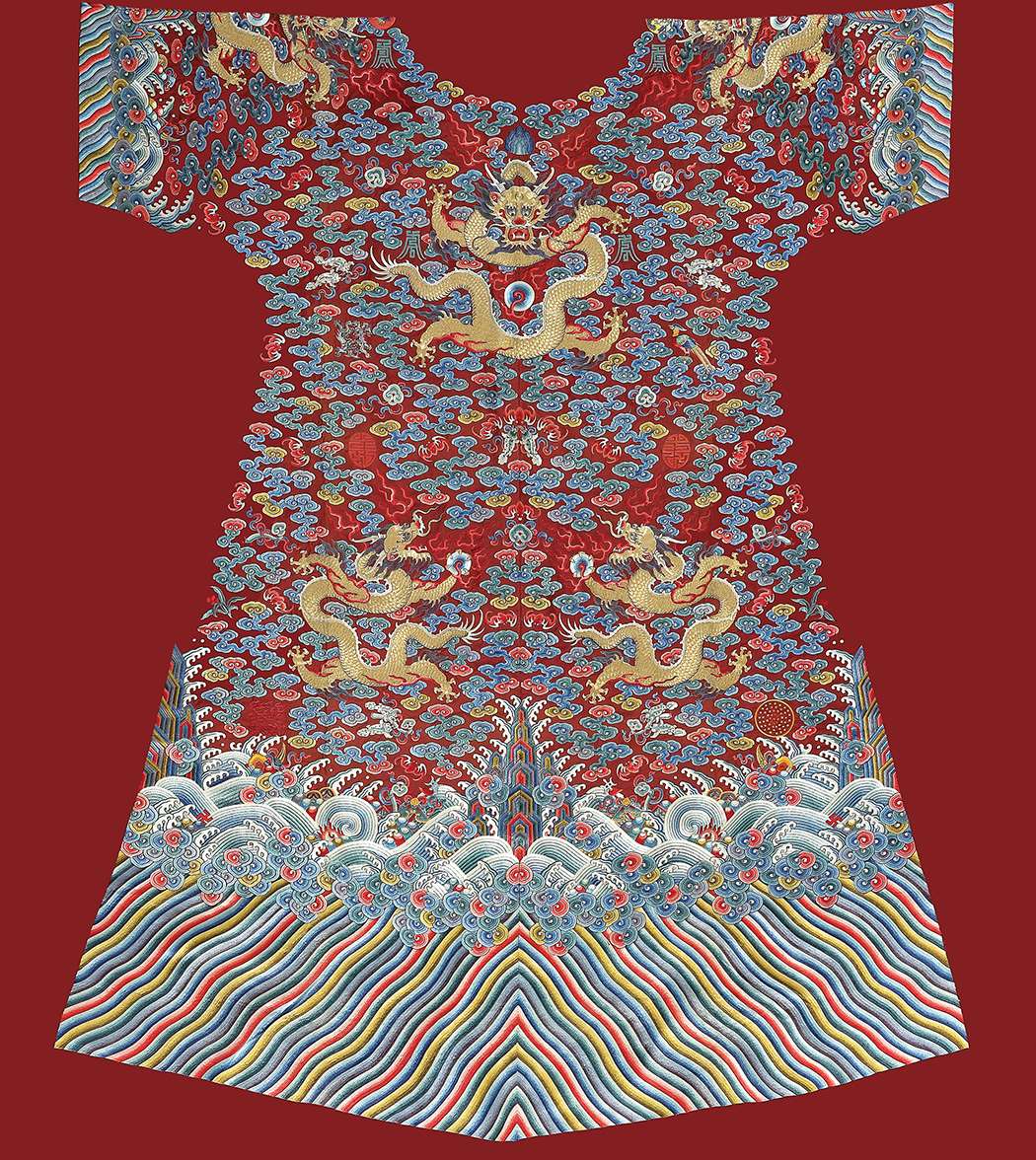 A deep-red yardage for semi-formal court robe embroidered with twelve imperial symbols<br> Qianlong period (1736 – 1795), Qing dynasty