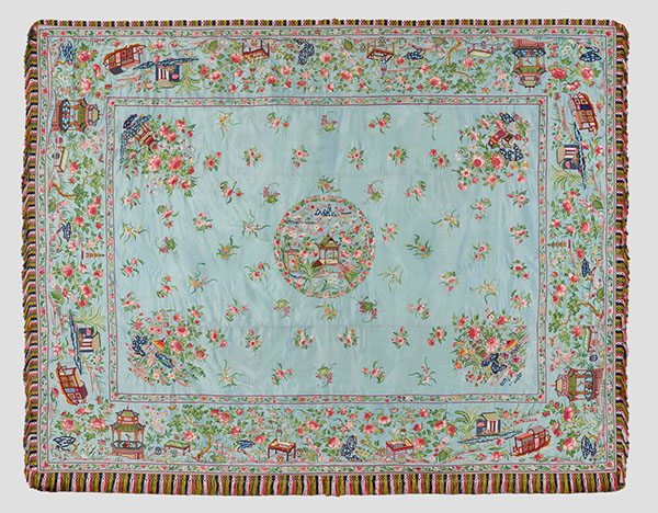 Light blue silk bed cover embroidered with a landscape scene of a pavilion, boats, rocks and flowers