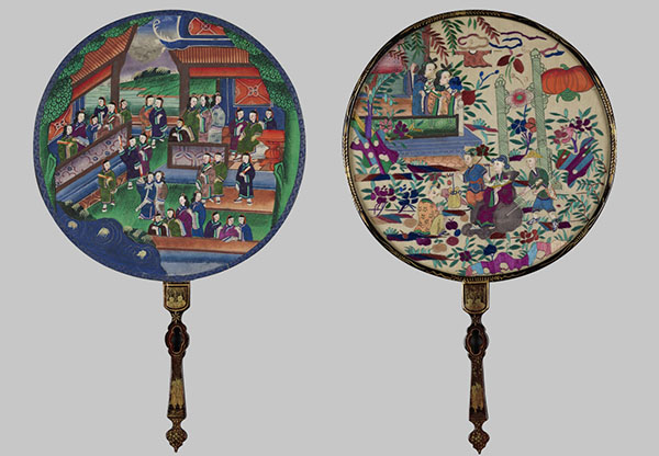 Round fan with embroidery of figures in pavilion garden scene