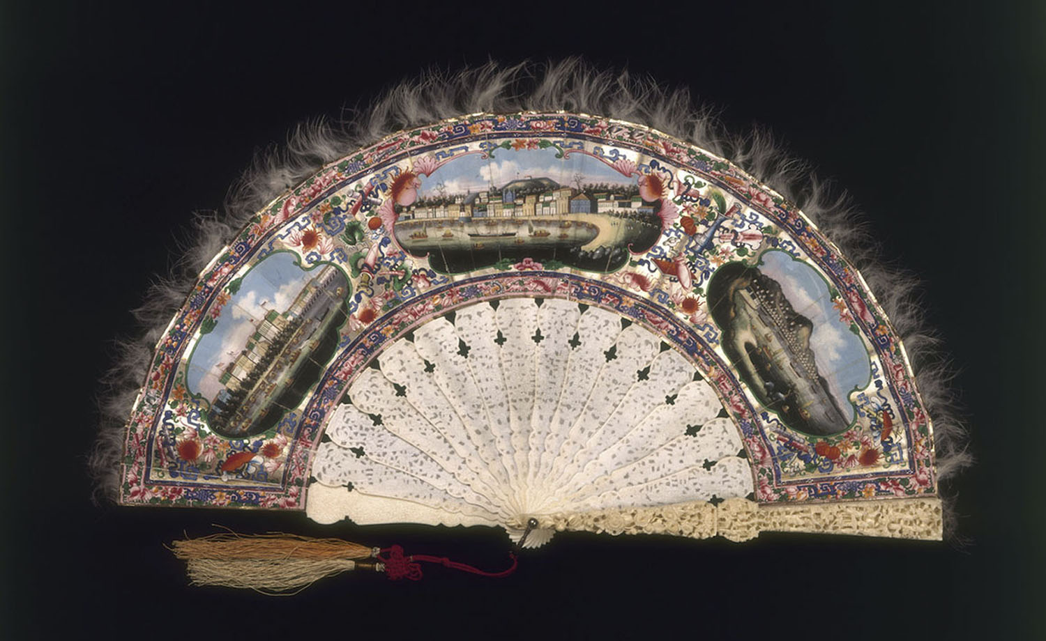 Folding fan with ivory sticks depicting views of Canton, Macao and Hong Kong