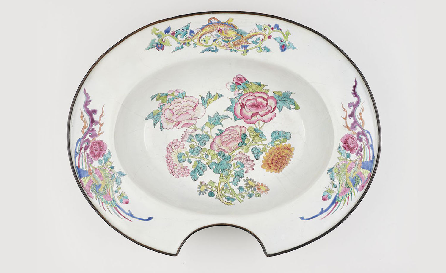 Barber's basin with floral design in painted enamels
