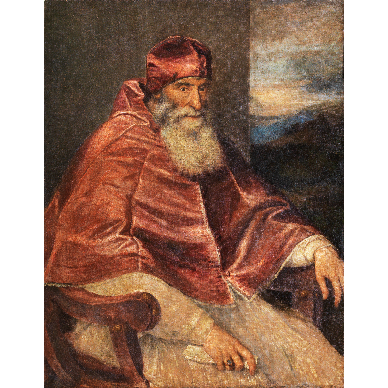 提香（本名提齊安諾‧維伽略）<br>（意大利卡多雷地區的皮耶韋 1488/90 ─ 威尼斯，1576）<br> 戴上教宗專用絨帽的教宗保祿三世肖像